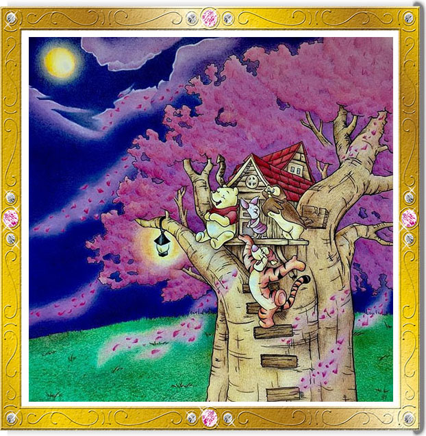 プーさんたち夜桜のお花見会でしょうか？ 枝も描き足されてあり、桜の木がリアルに表現されています。 