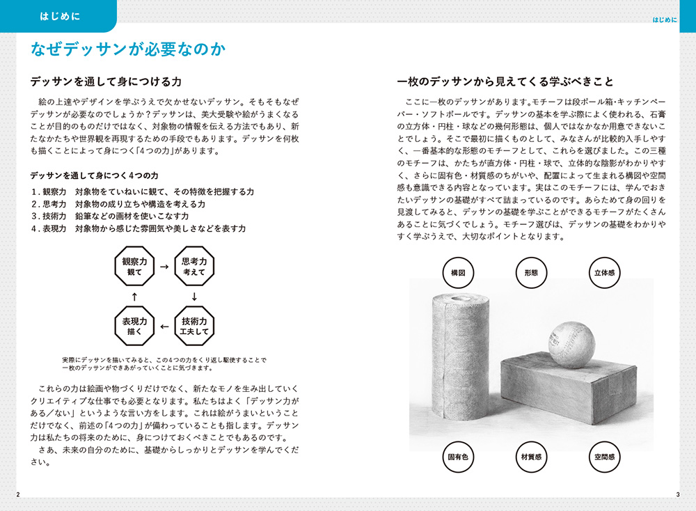 『基礎から学ぶデッサン ミニ帖 ［3つの立体］から考える基本のかたち』P2-3