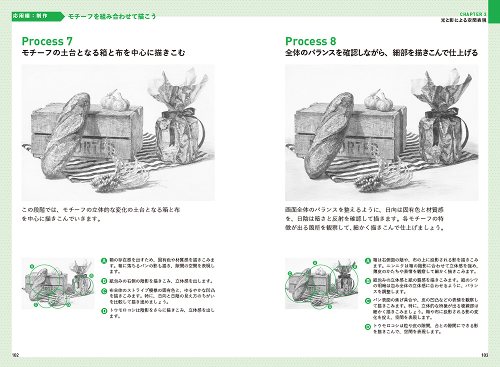 『基礎から学ぶデッサン　ミニ帖　描写力を深める［構図・空間・光］の捉え方』P102-103