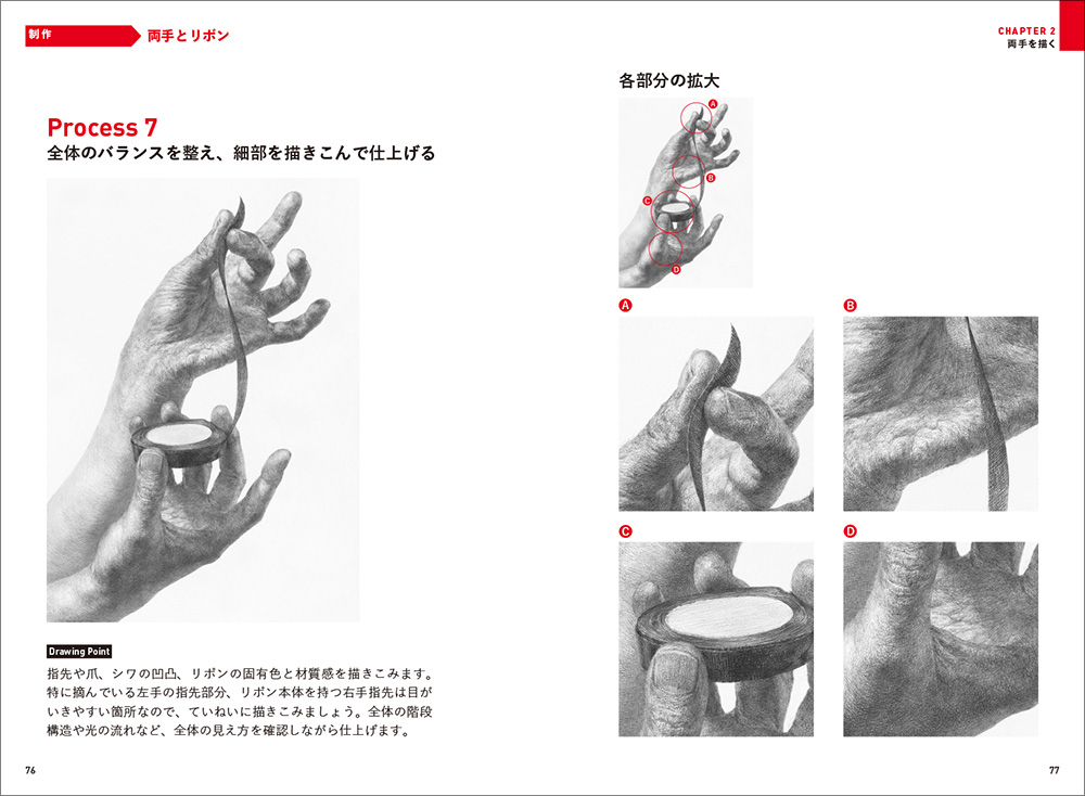 『基礎から学ぶデッサン　ミニ帖　人体パーツの描き方［手と頭］』P76-77